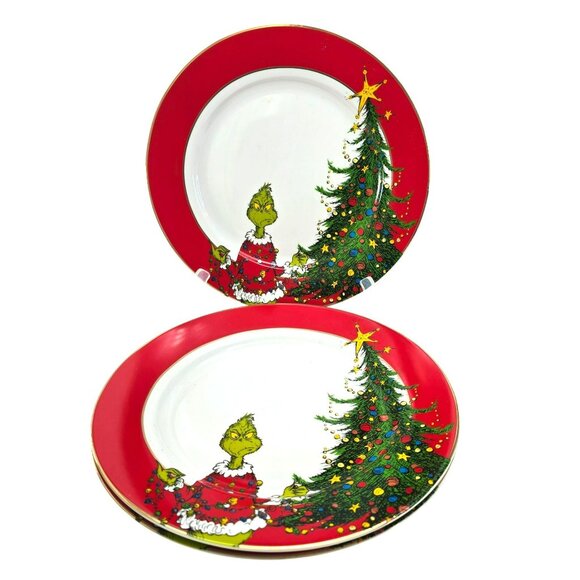 Set Of 3 Dr. Seuss Grinch Plates Christmas Tree Porcelain Dinner 10.5" jj3700